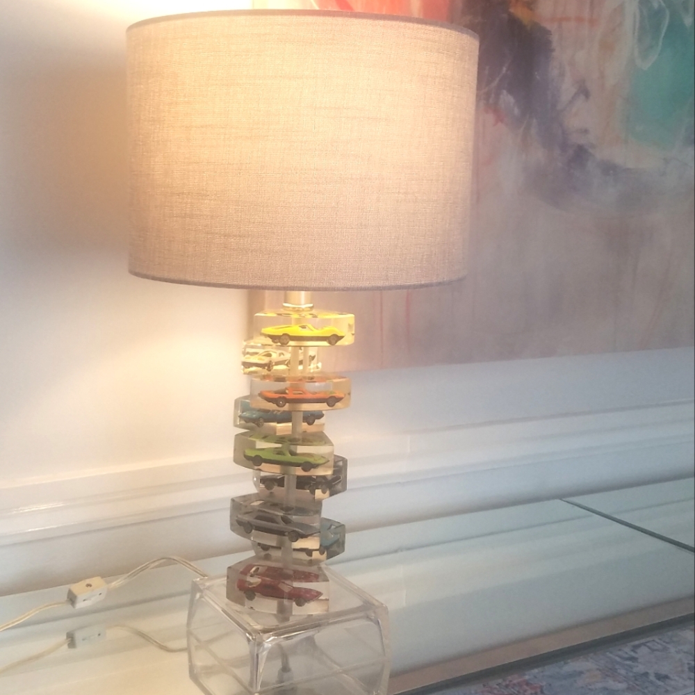 Vintage 80's Lucite Hot Wheels Stacked Matchbox Cars Statue Lamp Base